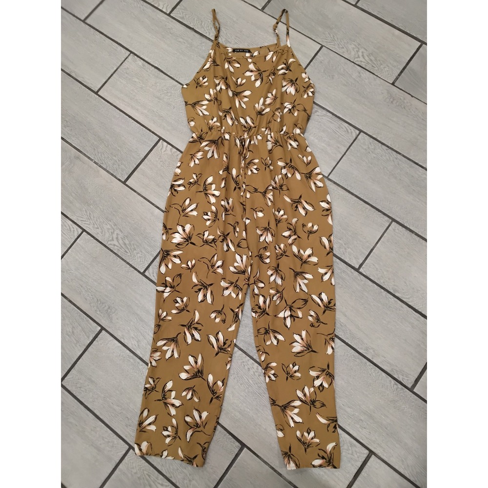 One By One Floral Romper Mustard Tan Adjustable Straps Elastic Waist S/M